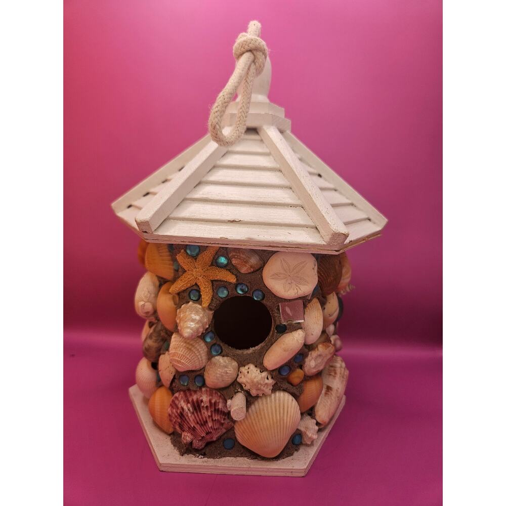 Handmade seashell birdhouse bird feeder Beach ocean signed by artist 2.5# 10x7"